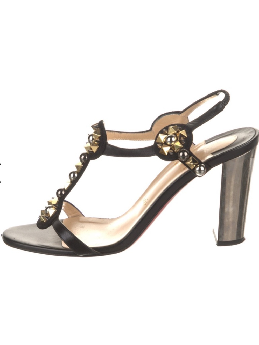 Christian Louboutin Black Leather T-Strap Sandals with Studs - Picture 3 of 8